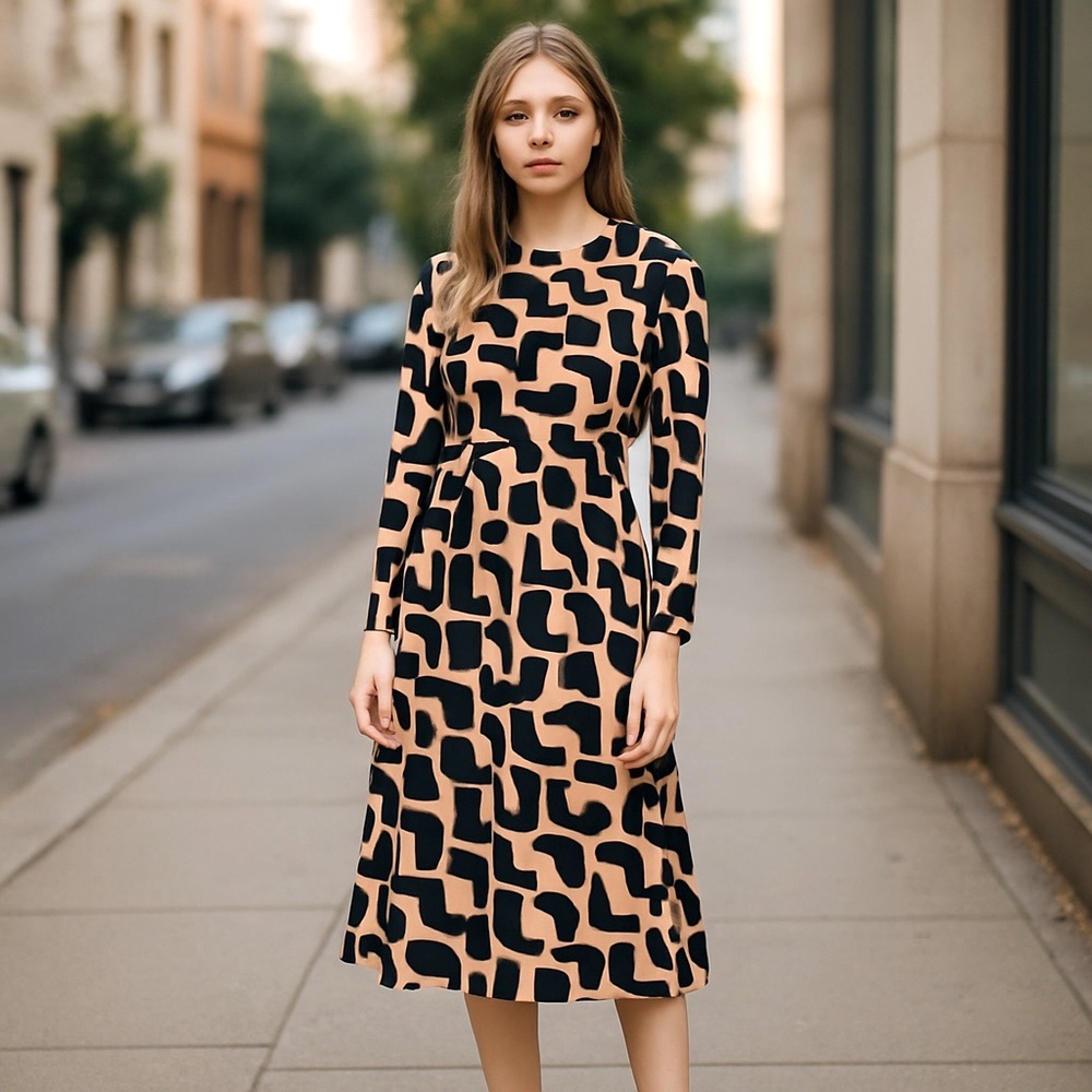 Reitmans Black and Tan Geometric Long Sleeve Dress